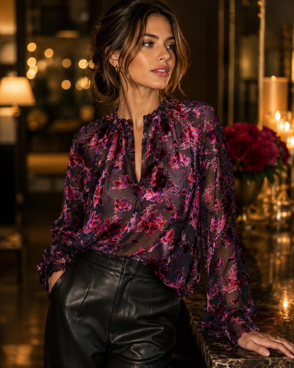 rag & bone Silk Blend Burnout Velvet Floral Sheer Blouse Romantic Luxe Party M